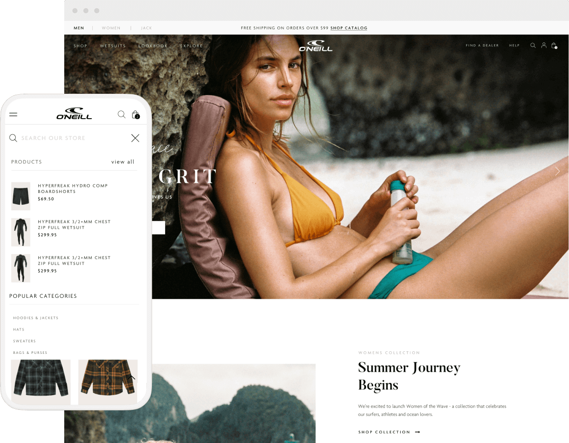 screenshots of oneill shopify website on mobile and desktop