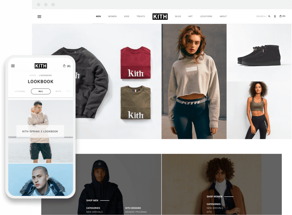 kith shopify website look book and collection pages on desktop and mobile