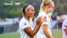 Game On and IMG Academy workshop graphic titled "Communicate Like a Champion," featuring student-athletes celebrating and competing.