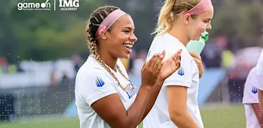 Game On and IMG Academy workshop graphic titled "Communicate Like a Champion," featuring student-athletes celebrating and competing.