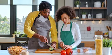A student and an adult prepare vegetables together in a kitchen.