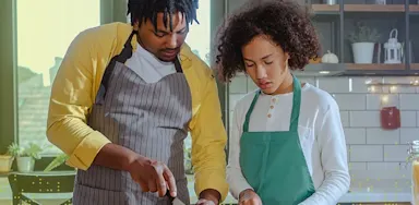 Parent and child preparing a healthy meal together in a kitchen, chopping fresh vegetables and learning cooking skills.
