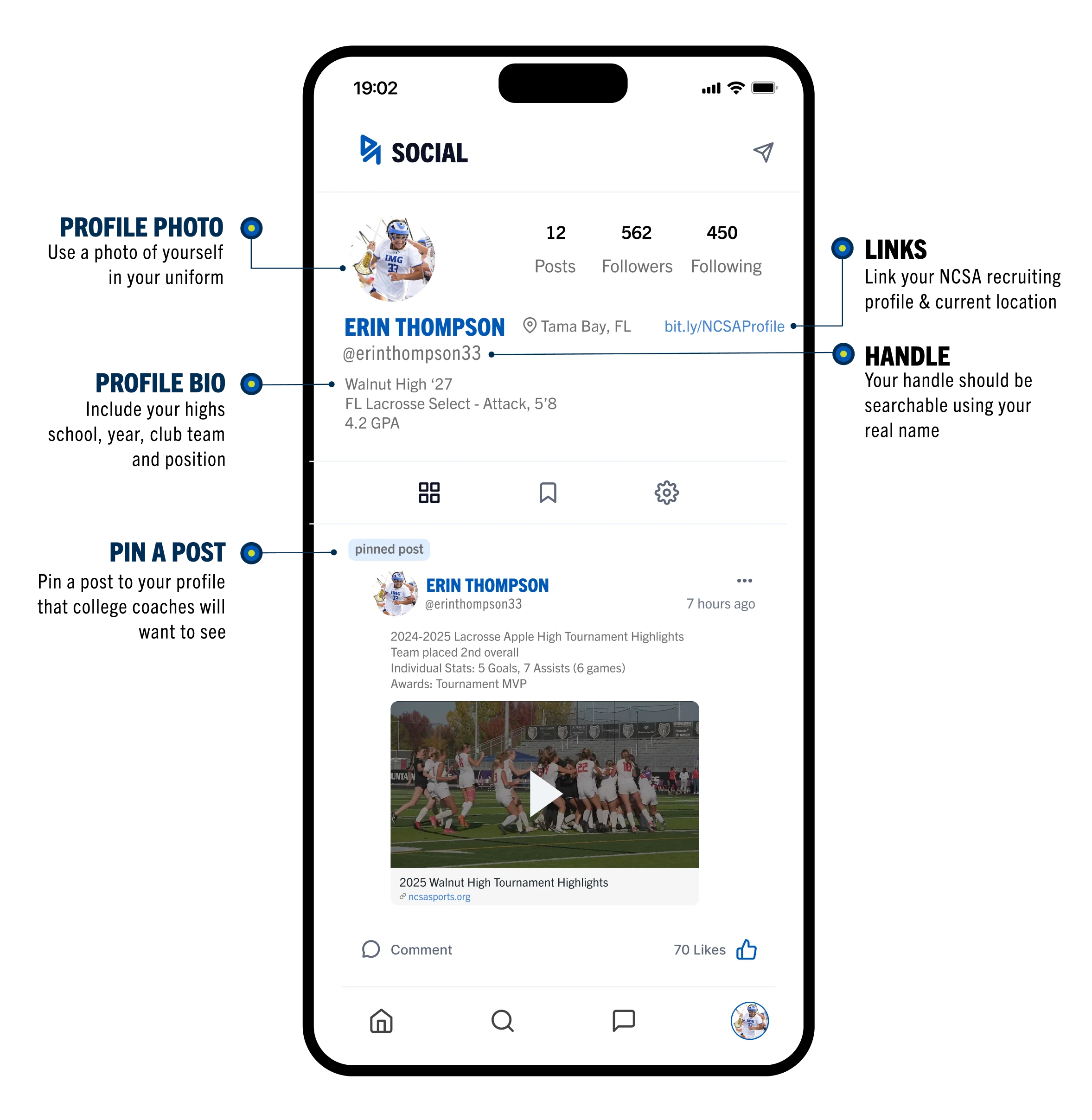 Mobile phone mockup of a student-athlete’s social media profile, highlighting key elements like profile photo, bio, and pinned video post for college recruiting visibility.