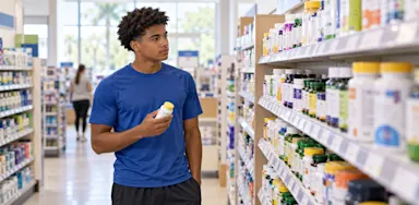 A student-athlete considers a supplement bottle while browsing shelves in a store aisle.
