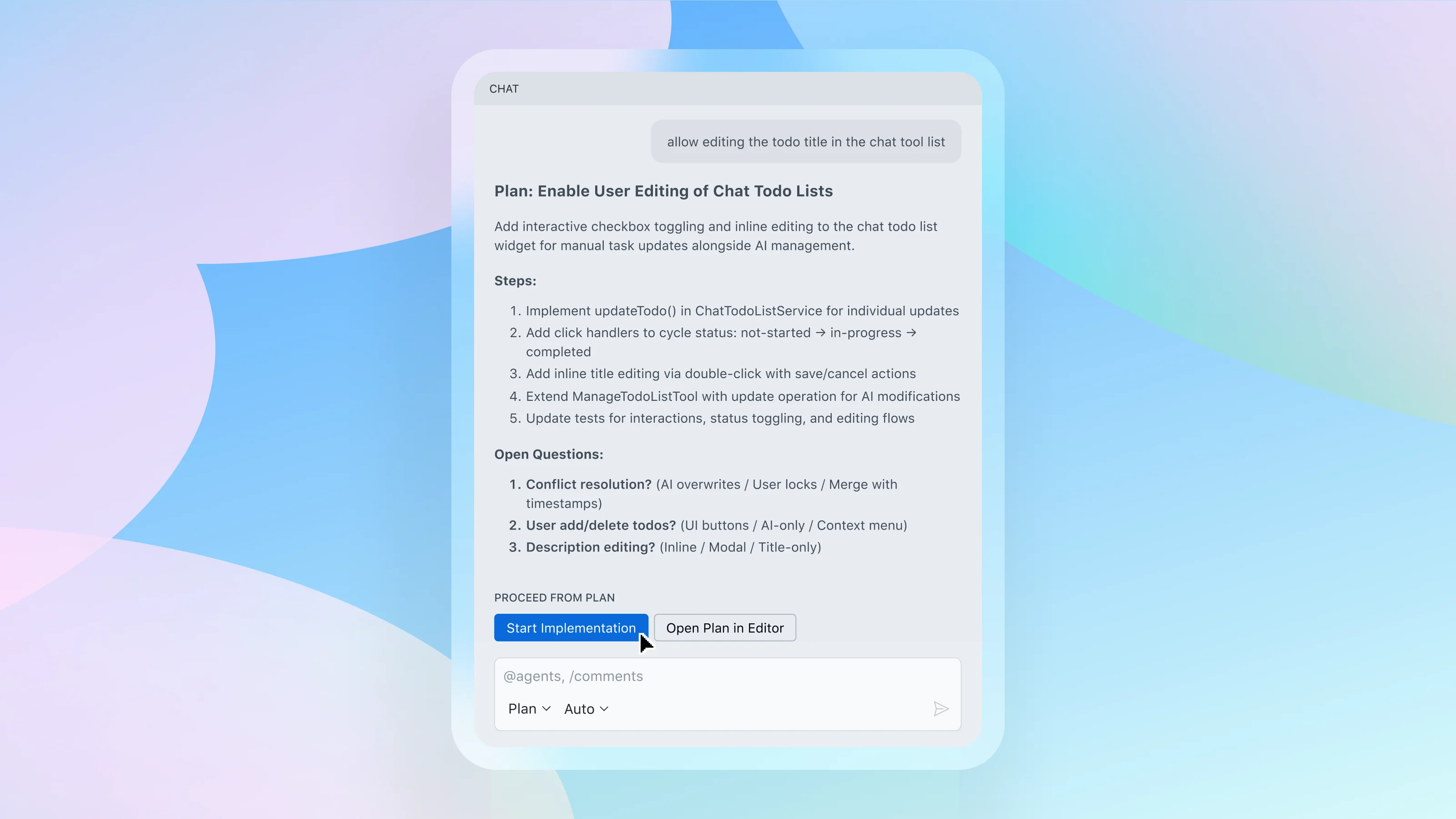 Product UI image within VS Code running Plan Mode, showing the chat exchange and output of a plan to enable user editing of chat todo lists.
