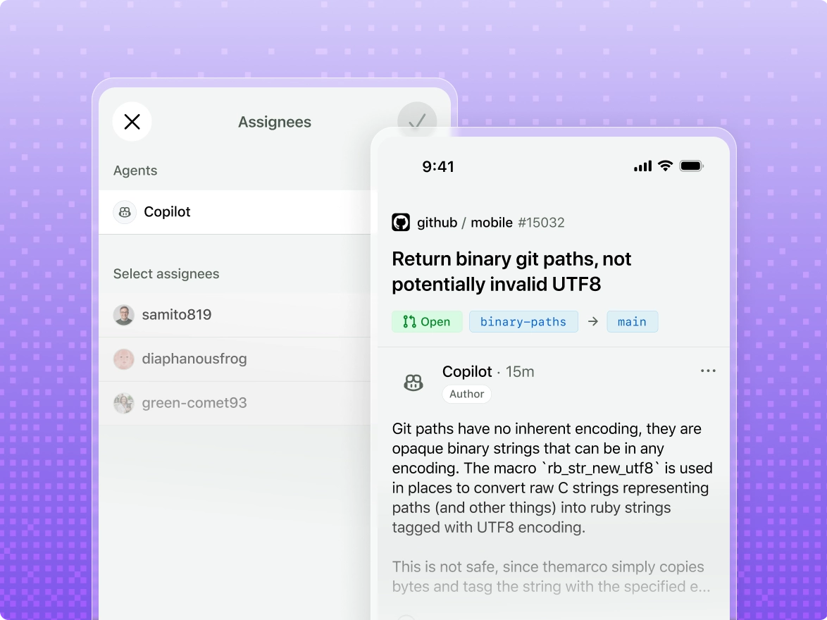 Two GitHub mobile app screens are shown: in the first screen, GitHub Copilot is highlighted in a list of assignees. In the second screen, it displays a pull request created by the assigned GitHub Copilot coding agent.