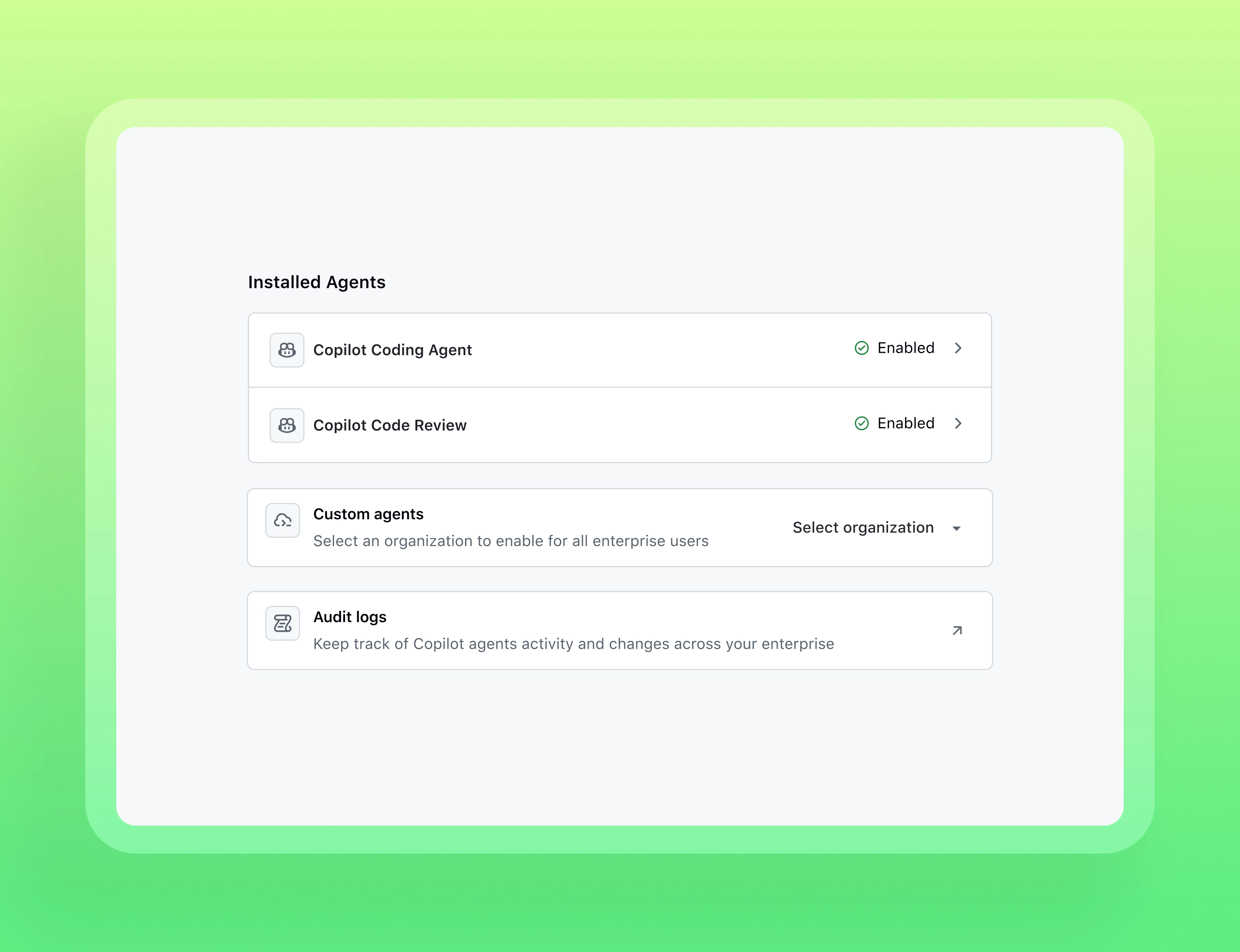Product UI image of the AI controls setting which shows installed agents and whether they are enabled or disabled, and access to audit logs.