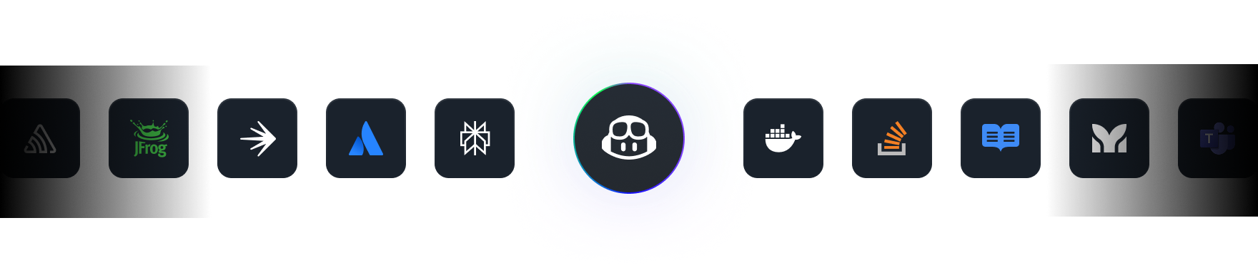 A horizontal row of 11 software tool icons on a dark background, including Jira, Frog, Confluence, and Bitbucket, with the central icon of a stylized helmet with pilot goggles