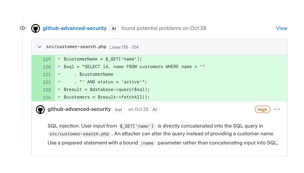 GitHub Advanced Security flags a high-severity SQL injection vulnerability in PHP code and recommends a prepared statement with a bound parameter.