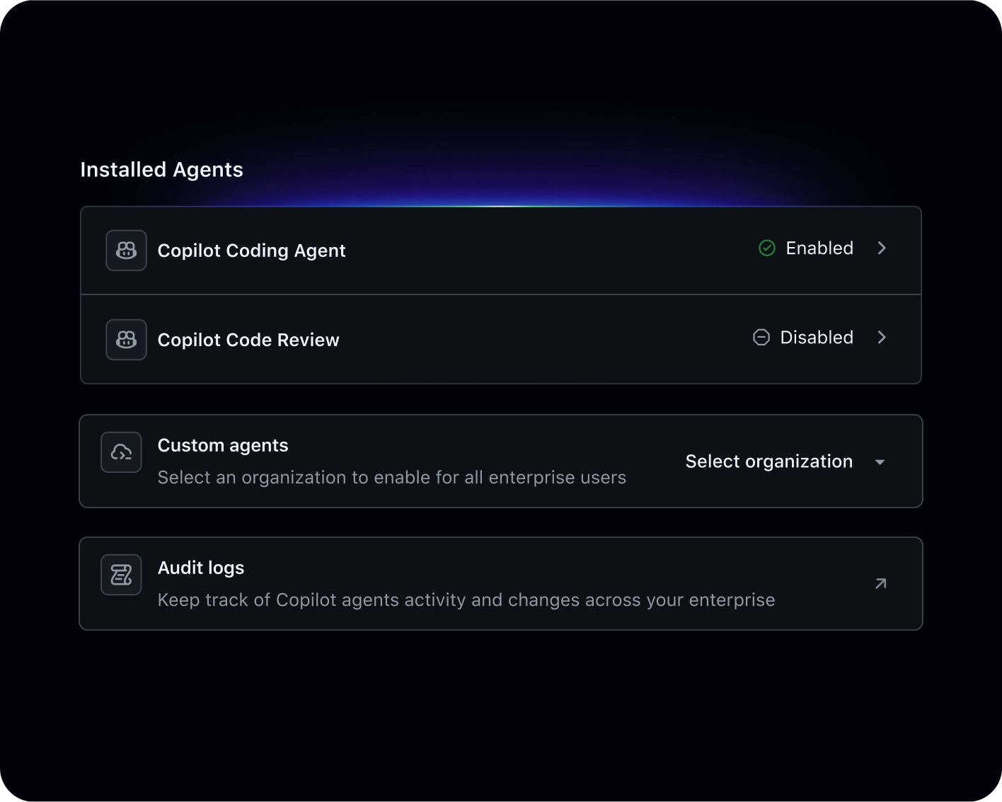 Settings panel showing installed Copilot agents, with Coding Agent enabled, Code Review disabled, and options for custom agents and audit logs.