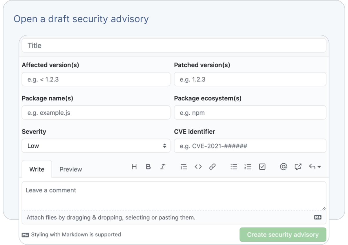 Heading "Open a draft security advisory" displaying a form with fields