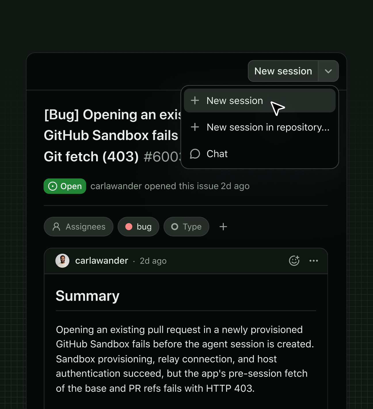 GitHub Copilot app showing an open GitHub issue with the “New session” menu expanded, offering options to start a new session, start one in a repository, or open a chat.