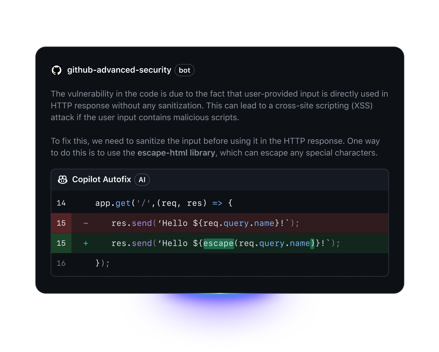 GitHub Advanced Security bot explains an XSS vulnerability and shows a Copilot autofix using escape to sanitize user input in code.