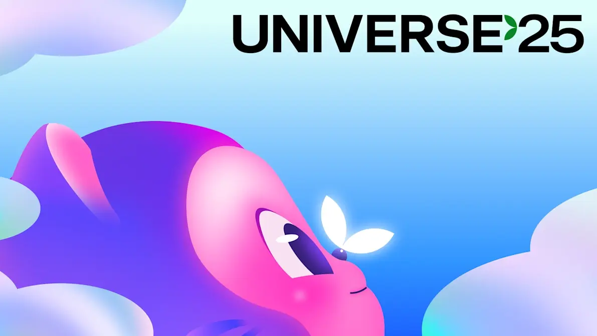 Stylized, colorful illustration of a character with a large head, looking up at a white butterfly. The character has pink and purple hues with large eyes, surrounded by pastel-colored clouds. The background transitions from light blue to dark blue. 'UNIVERSE 25' is written in bold black letters at the top right, with the number '25' featuring a green leaf design.