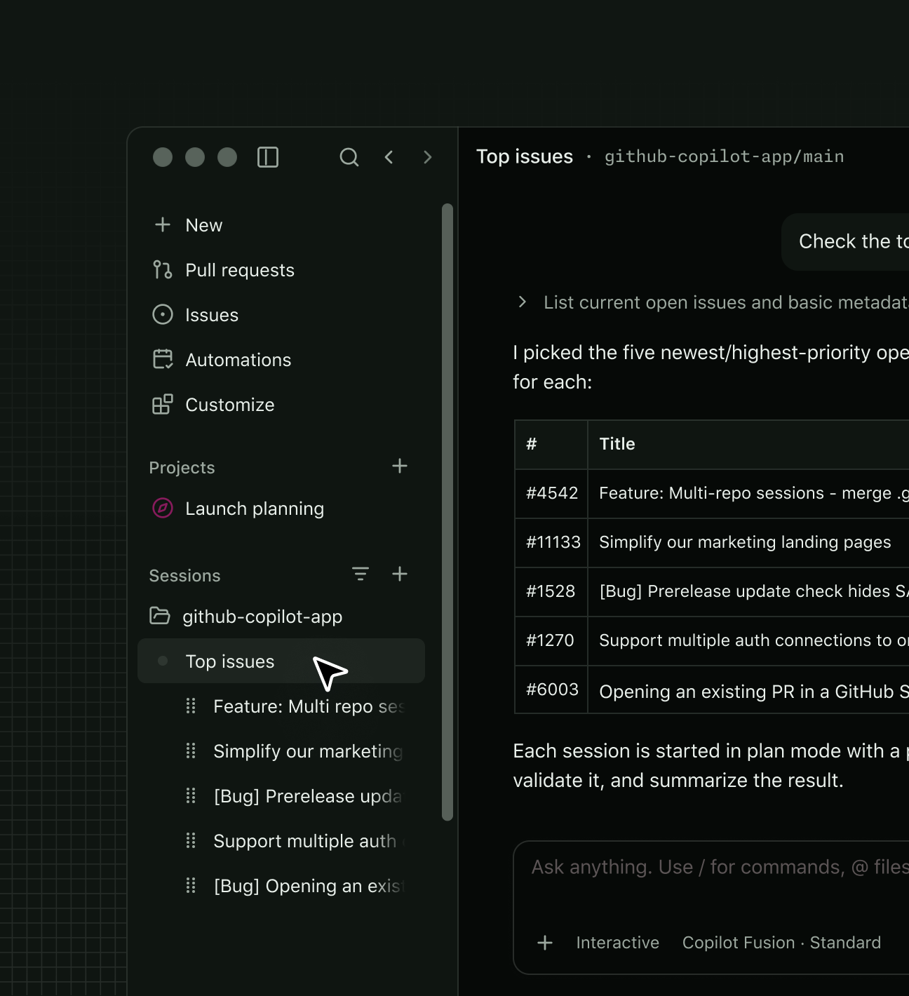GitHub Copilot app showing a “Top issues” chat alongside a project sidebar with several issue sessions, illustrating parallel task tracking.