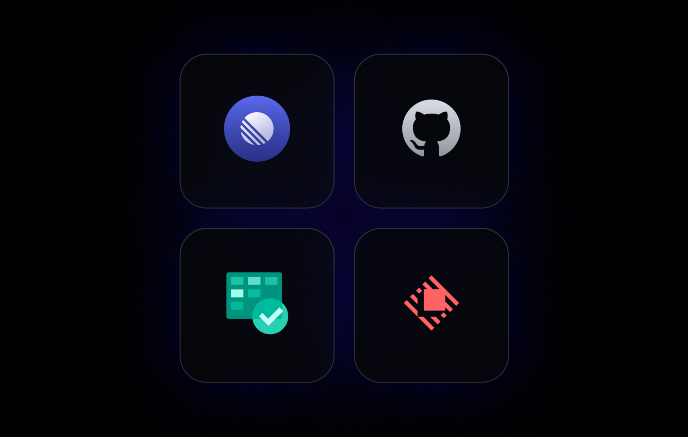 Three dark square icons on a black background showing logos for Azure, GitHub, and a purple circular logo with diagonal lines.