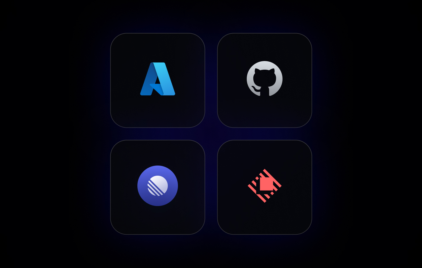 Three dark square icons on a black background showing logos for Azure, GitHub, and a purple circular logo with diagonal lines.
