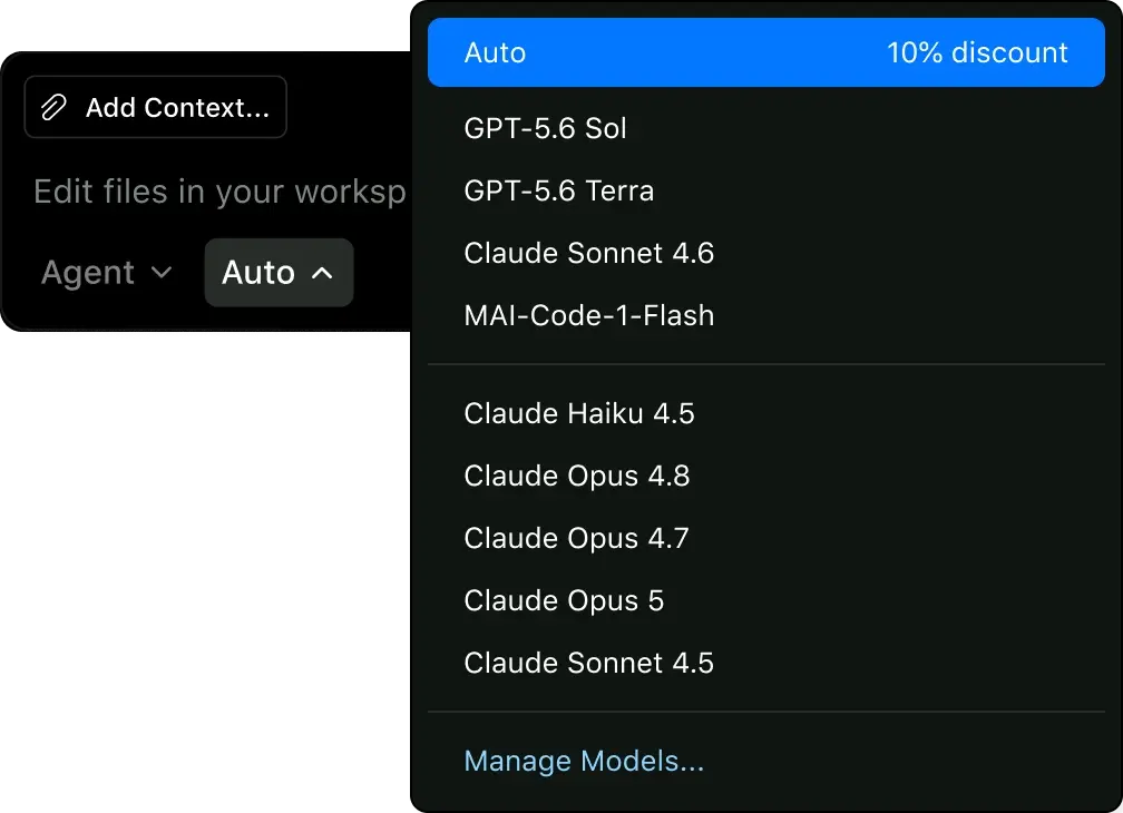 Model selection menu showing Auto and several model options with pricing.