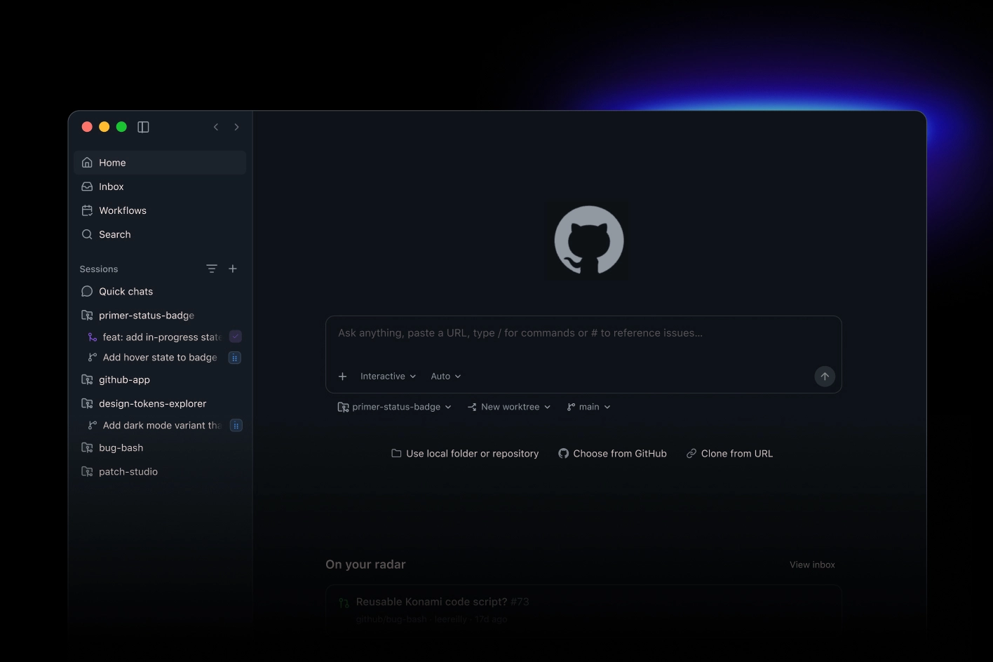 GitHub Copilot desktop app showing a unified workspace for managing repositories, coding sessions, issues, and AI-assisted development workflows.