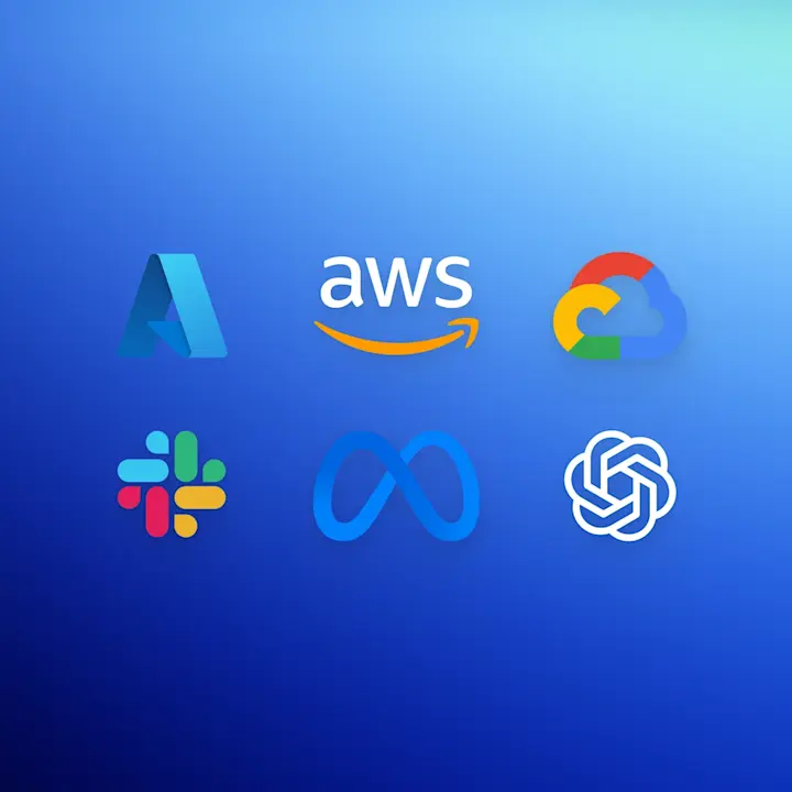 The image features six logos of prominent technology companies arranged in a 2x3 grid on a blue gradient background. The top row includes the logos for Microsoft Azure, Amazon Web Services (AWS), and Google Cloud. The bottom row includes the logos for Slack, Meta (formerly Facebook), and OpenAI.
