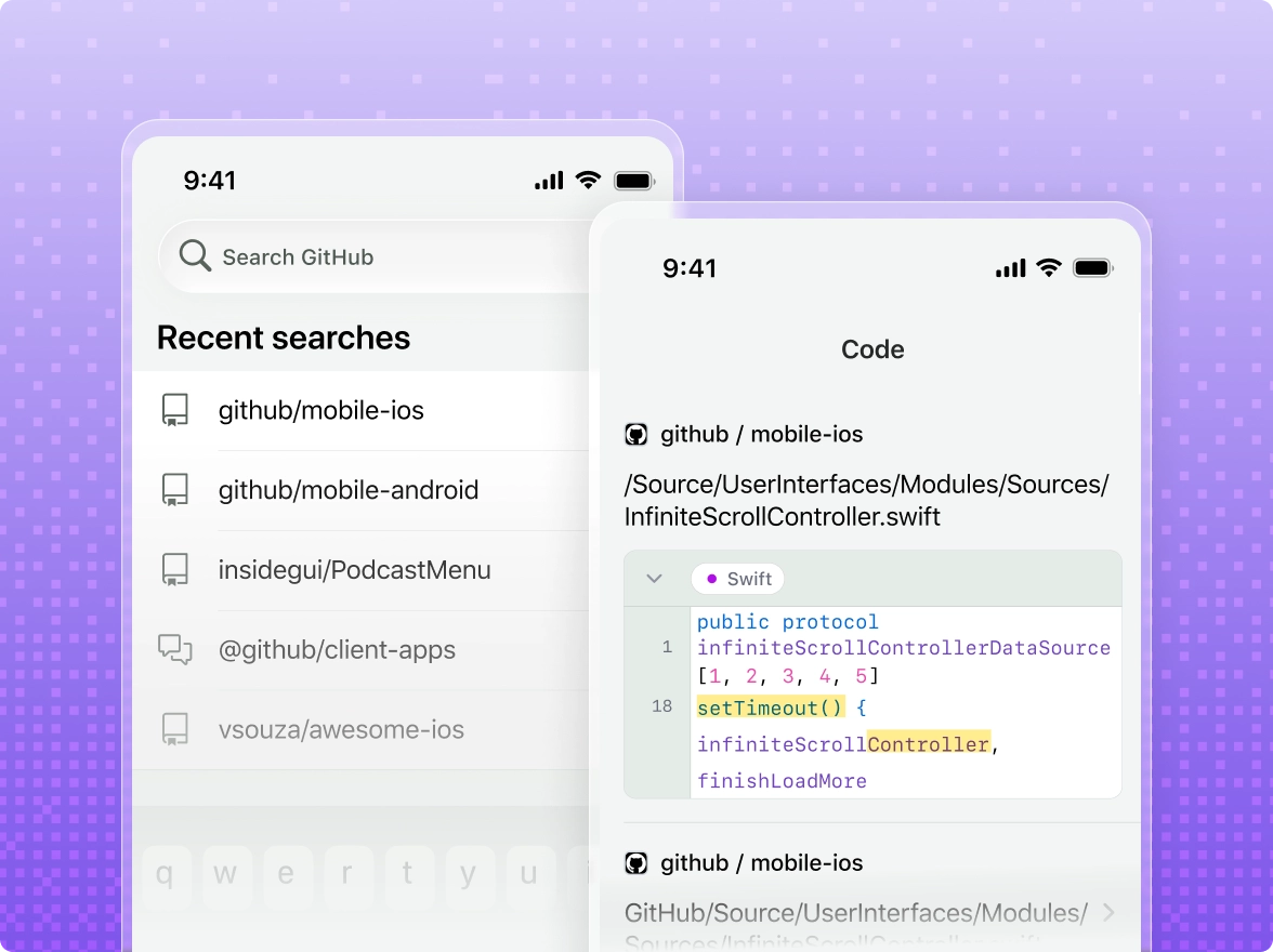 A mobile device displaying a search query and another mobile device displaying code results