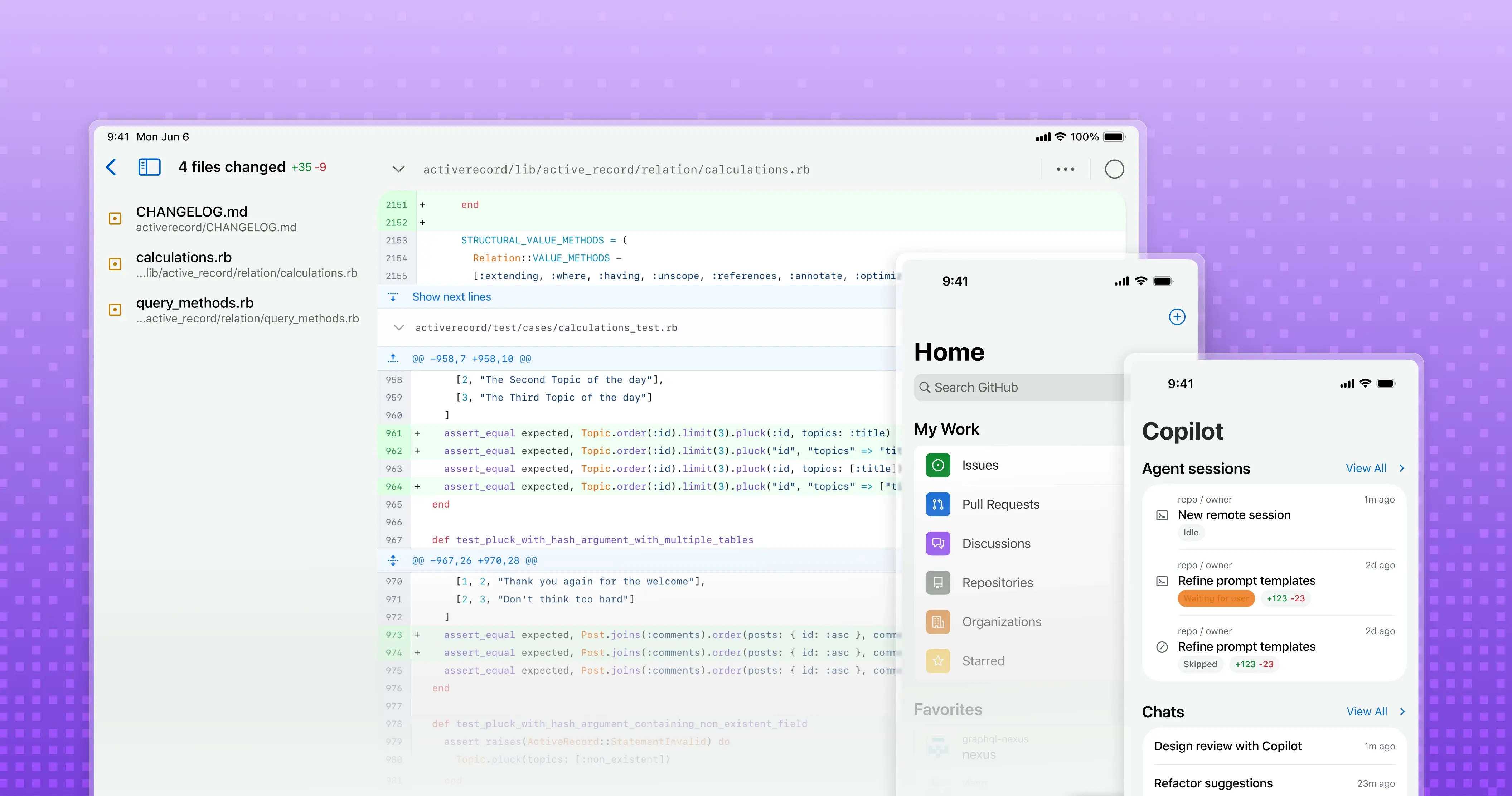 Three GitHub mobile app screens are shown: one is a tablet screen and the other two are phone screens. The tablet screen shows a list of pull requests. The first phone screen displays the GitHub mobile app home UI, and the second phone screen displays a list of agent tasks.