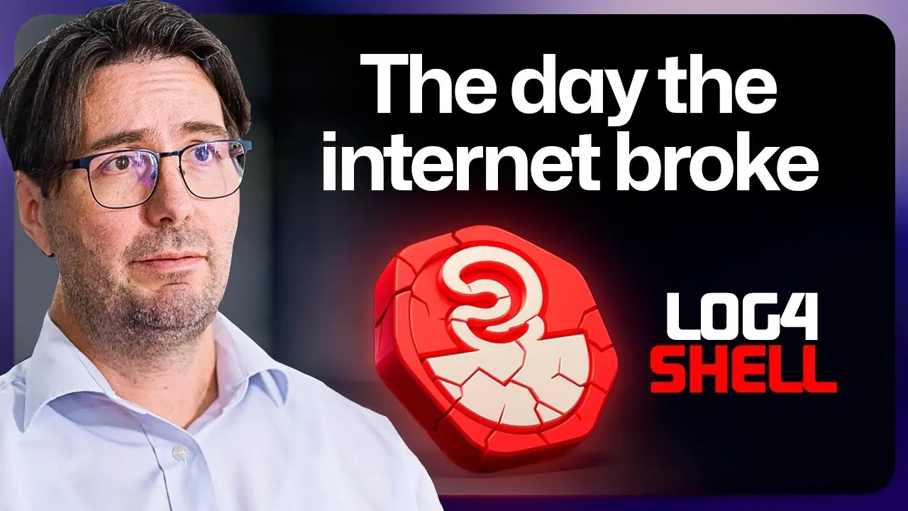 A man with glasses looks slightly concerned, next to bold text that reads ‘The day the internet broke’ and a cracked red Log4Shell icon.