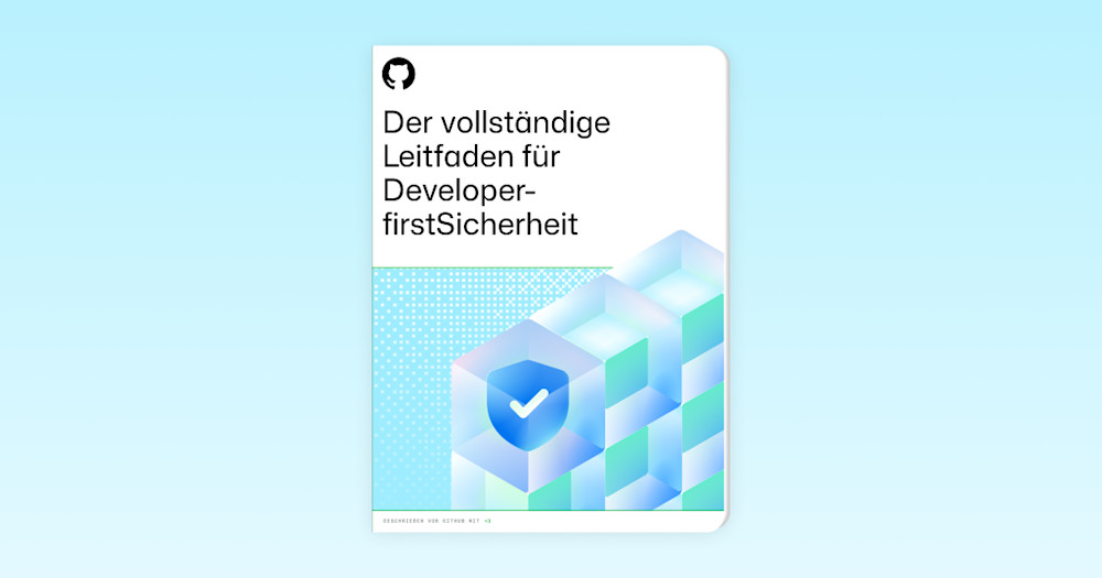 Light background featuring an assortment of GitHub-themed shapes and illustrations surrounding bold foreground text. The text reads: "The complete guide to developer-first security." The design emphasizes collaboration and efficient tools for developers.