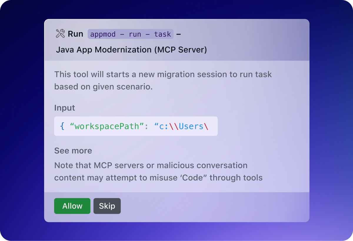 Interface for “Java App Modernization (MCP Server)” showing input JSON { "workspacePath": "C:\\Users\\" } with buttons “Allow” and “Skip.”