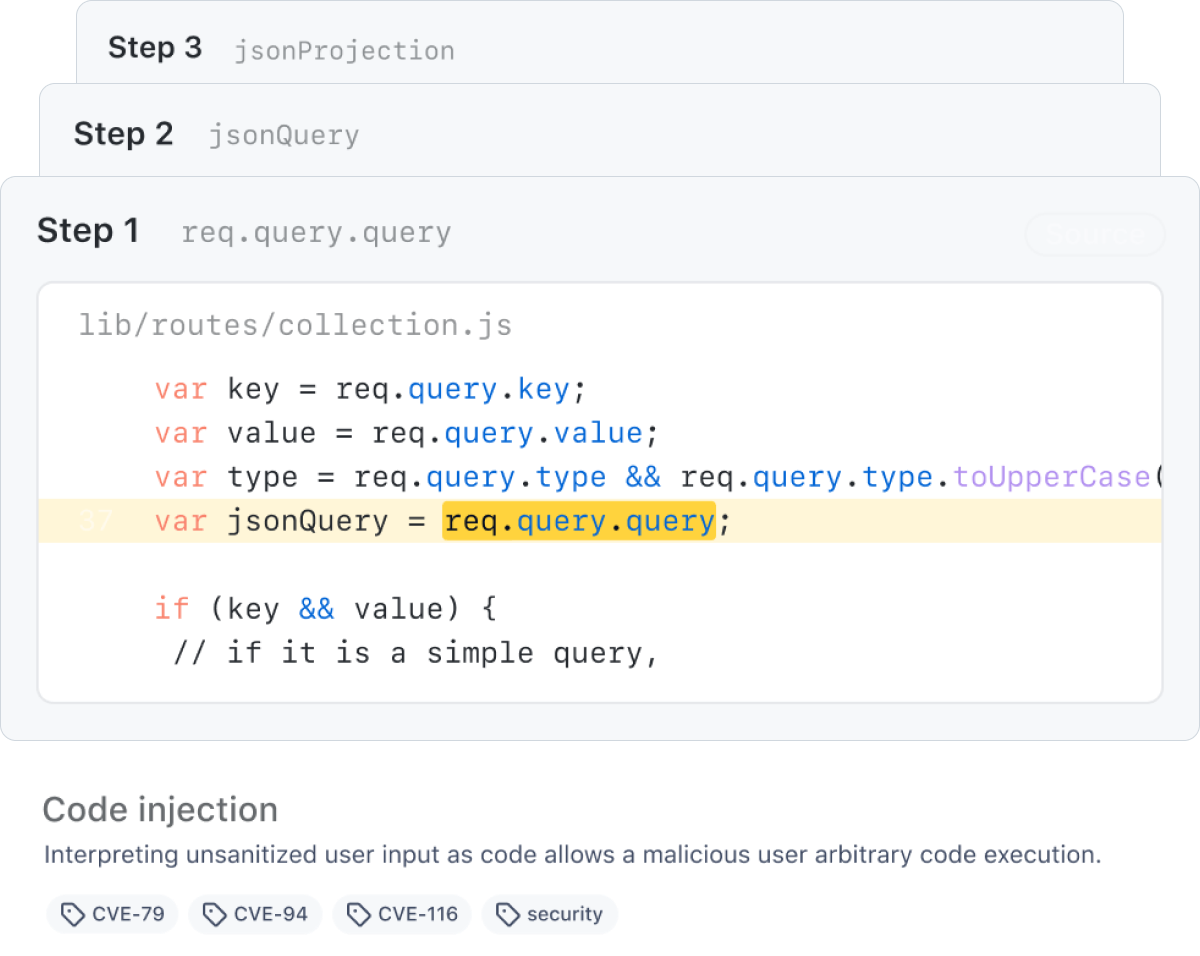 Test highlighting code and displaying the heading "Code injection" and description "Interpreting unsanitized user input as code allows a malicious user arbitrary code execution."