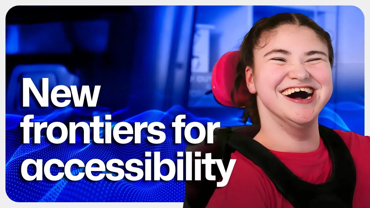 A girl in a red shirt and wheelchair laughing joyfully, beside the text ‘New frontiers for accessibility’ over a blue digital background.