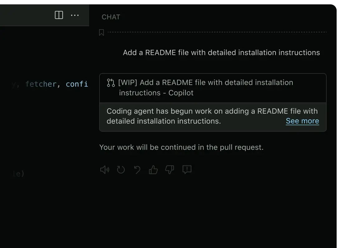 GitHub Copilot chat showing task delegation to add a README file with installation instructions.