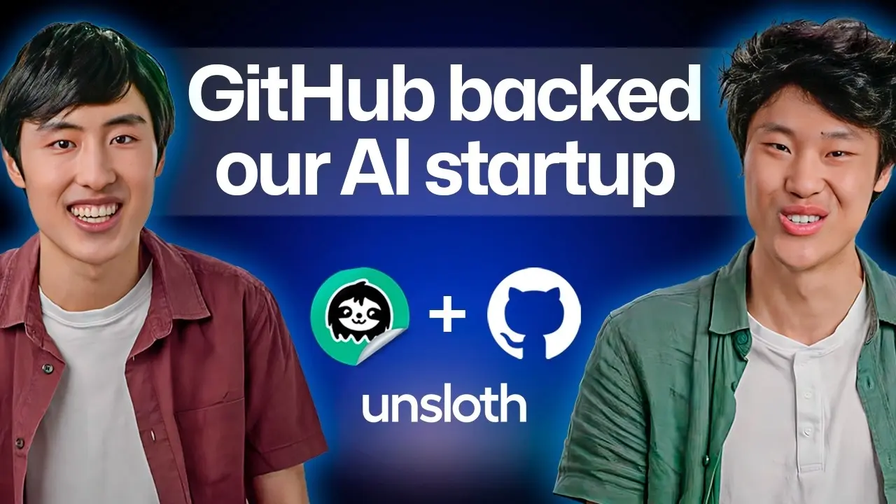Two young men smiling on either side of the text ‘GitHub backed our AI startup,’ with the Unsloth and GitHub logos displayed between them.