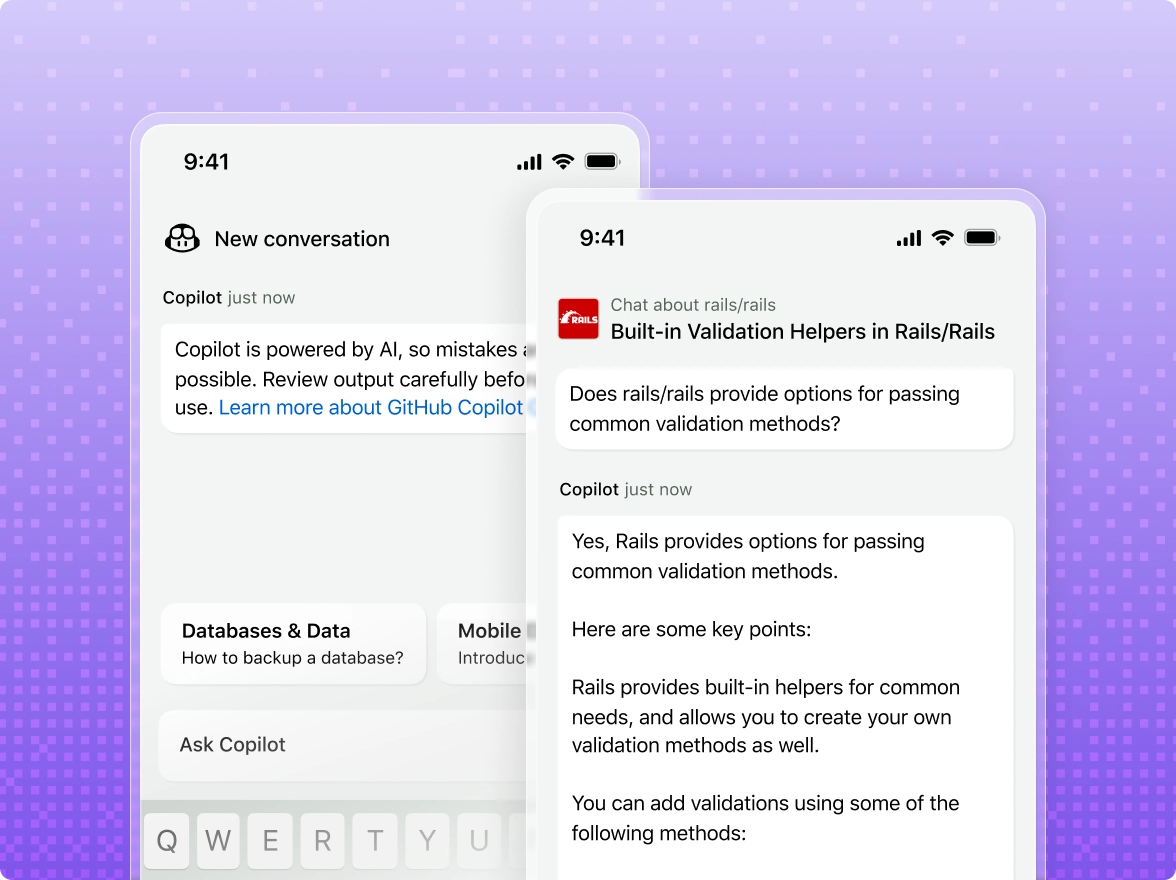 Conversation with GitHub Copilot on a mobile device