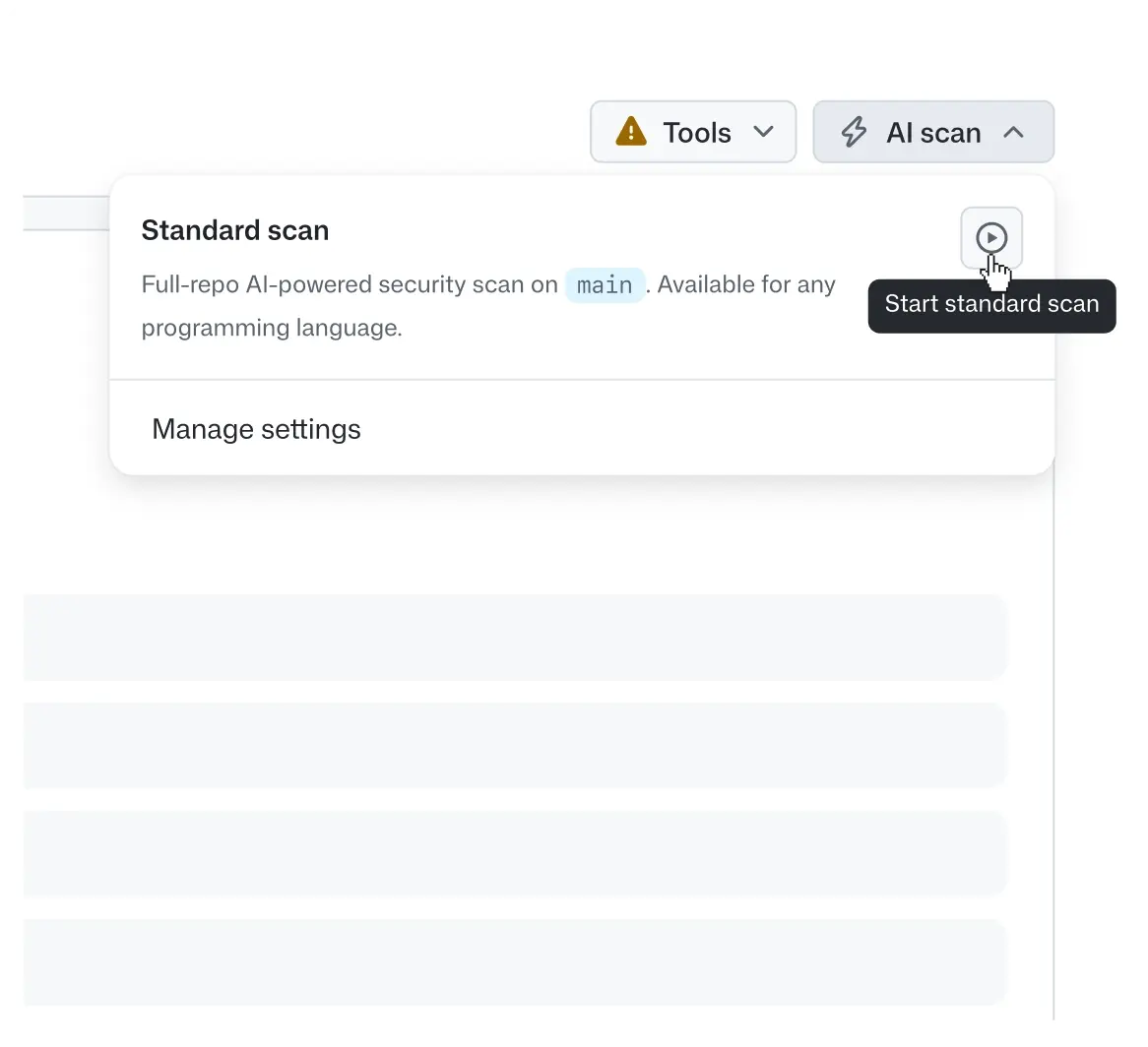 AI scan menu with an option to start a full-repository security scan on the main branch for any programming language.