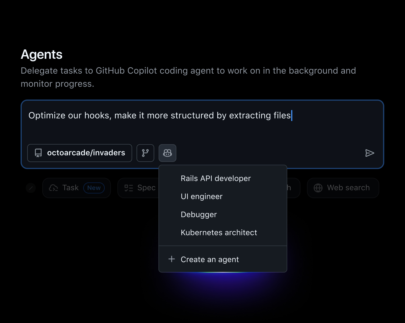 GitHub Copilot Agents interface with a task input field, selected repository, and a dropdown menu to choose or create a custom agent role.