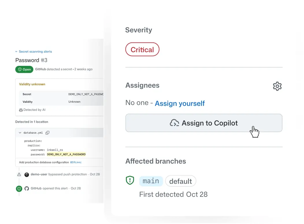 Critical secret scanning alert for an exposed database password, with an option to assign remediation to Copilot.
