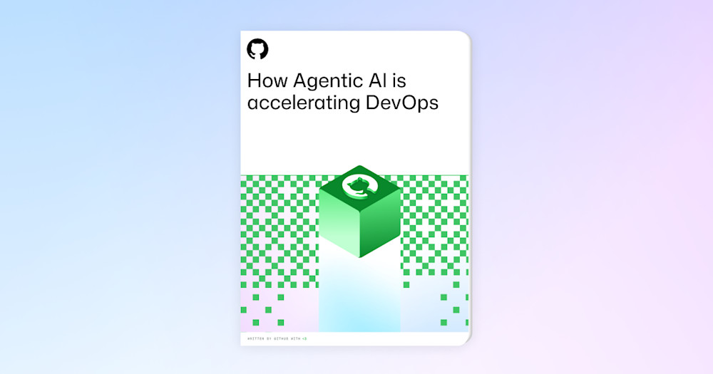 Dark-themed landscape image with GitHub-inspired shapes and illustrations scattered in the background. Bold foreground text reads, "How agentic AI is accelerating DevOps," followed by smaller text that says, "What AI agents mean for your team—and how they’re already changing how software gets built." The design combines a sleek, modern aesthetic with a focus on AI and software development themes.