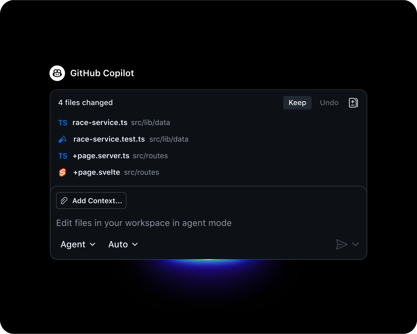 GitHub Copilot UI showing 4 changed files with options to keep or undo changes, and an “Add Context” button.