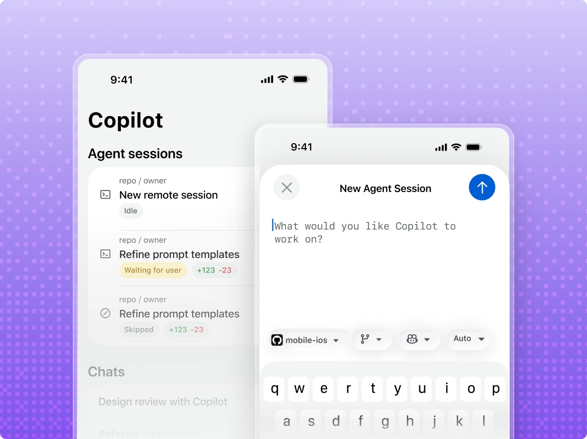 Two phone screens are shown: in the first screen, a list of agent tasks is shown. In the second screen, it shows a blank new agent task that asks, "What would you like Copilot to work on?"