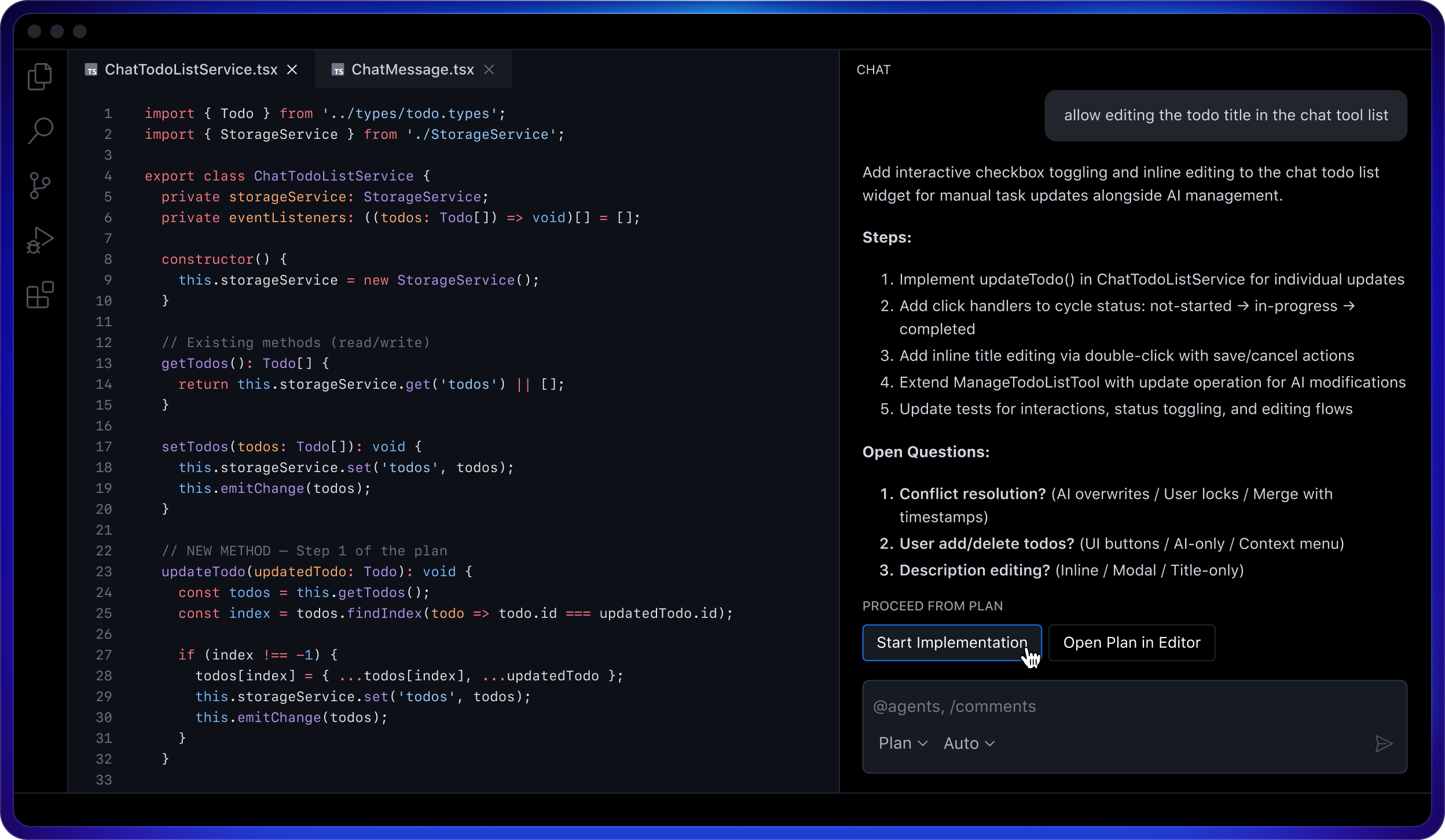 VS Code with TypeScript code on the left and Copilot plan steps with action buttons on the right.