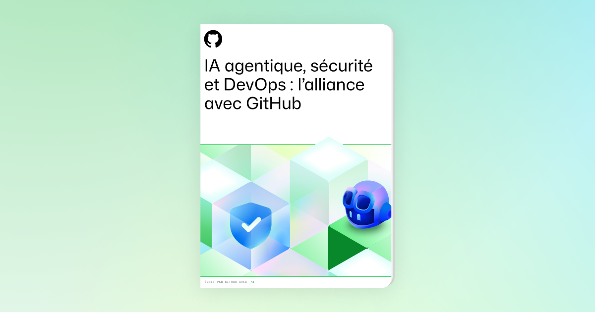 Dark-themed image with GitHub-inspired shapes and illustrations scattered across the background. Foreground text reads: "Generative AI, Security, and DevOps: Meet GitHub," followed by a subheading that says, "Empower your developer teams with the tools they need to work smarter, faster, and more collaboratively." The design emphasizes innovation and teamwork.