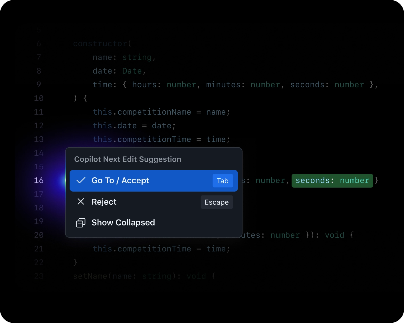 Copilot suggestion pop-up in a code editor with options to accept, reject, or show collapsed.