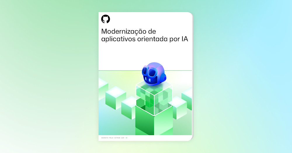 Cover graphic titled “AI-Driven Application Modernization” featuring a 3D blue robot head on green translucent cubes with a light green gradient background and GitHub logo.