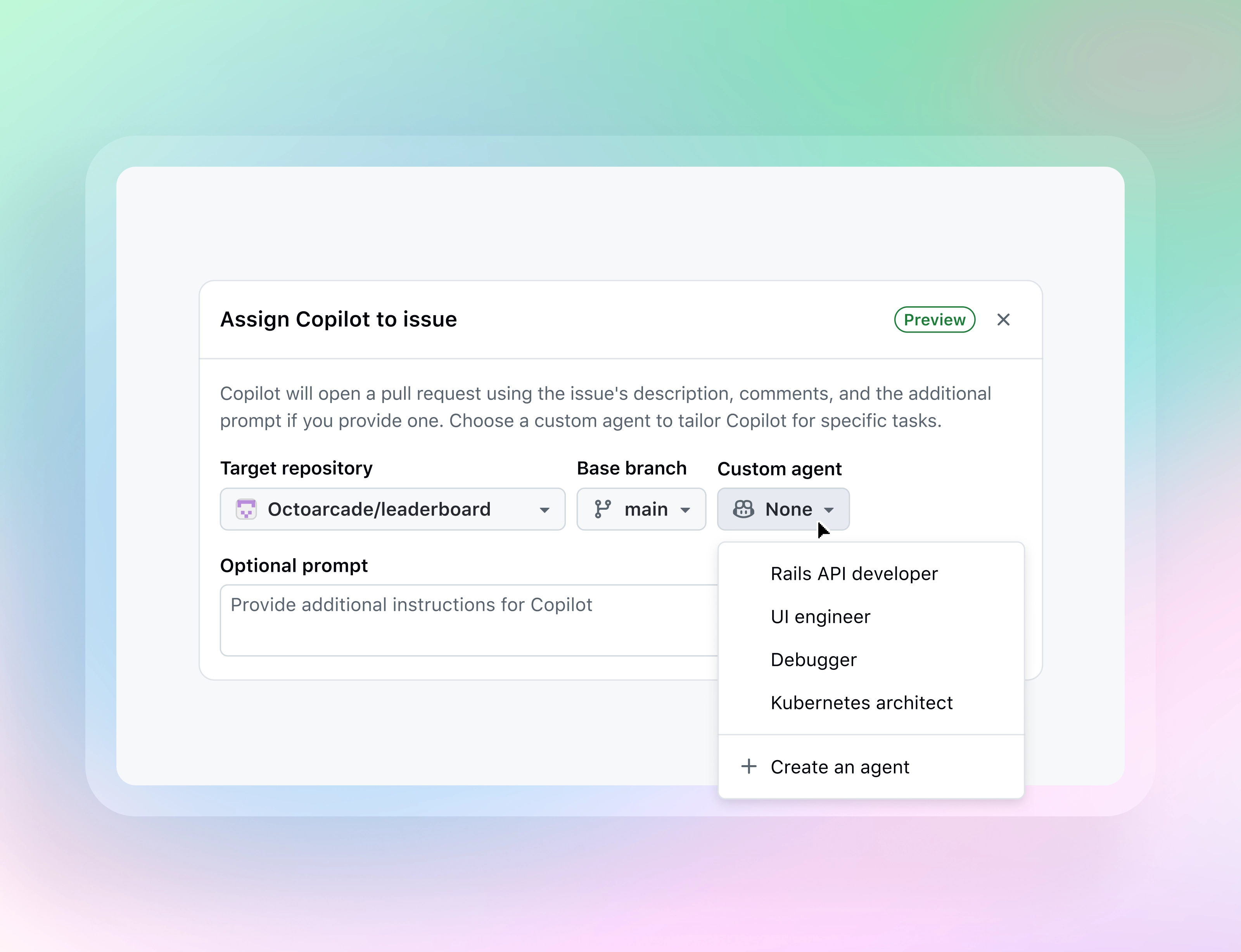 A GitHub interface shows a dialog modal where a user can assign a custom agent to issues in a specific repository. An open dropdown menu lists custom agents such as: Rails API developer, UI engineer, Debugger, and Kubernetes architect while the last option listed allows users to create an agent.