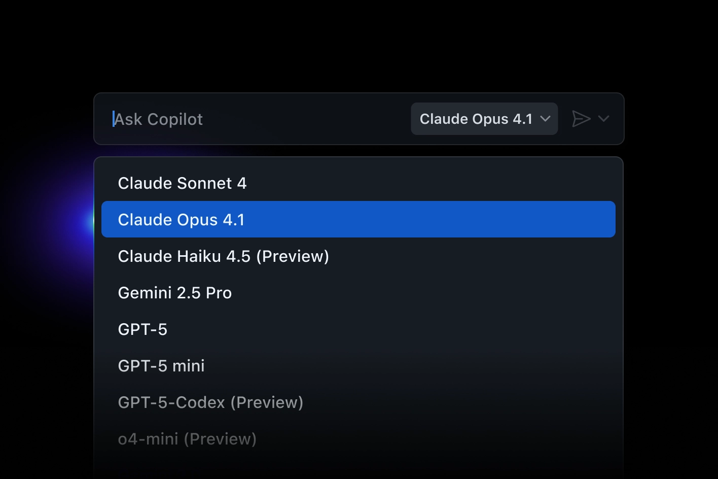 A dropdown menu lists some of GitHub Copilot Chat’s available models like Claude Sonnet 4, Claude Opus 4.1, Gemini 2.0 Flash, Gemini 2.5 Pro, GPT-5, GPT-4.1, o3-mini, and o4-mini (Preview).