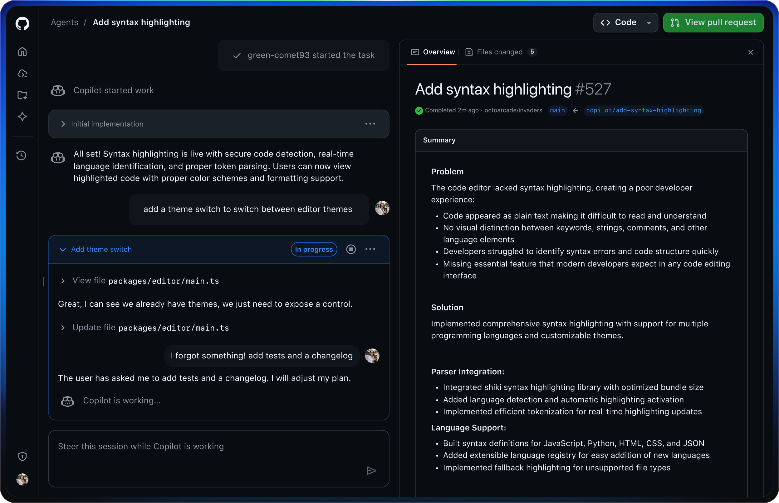 GitHub interface showing a user steer an agent to modify a pull request for adding syntax highlighting with summary and progress updates.