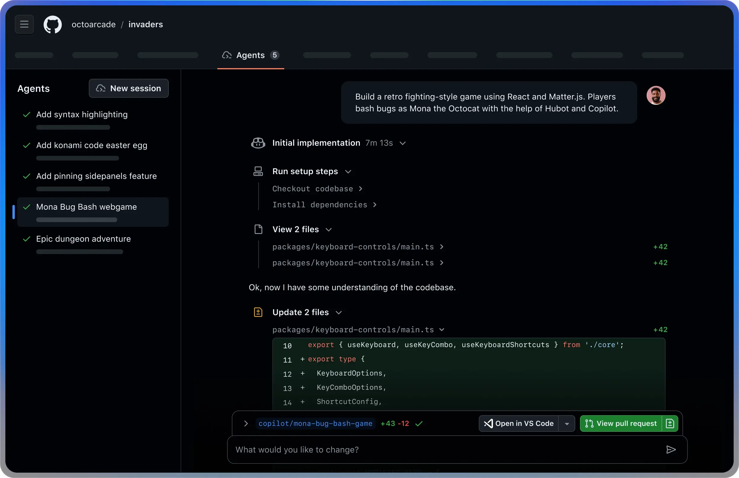 GitHub interface showing a user steer an agent to modify a pull request for adding syntax highlighting with summary and progress updates.