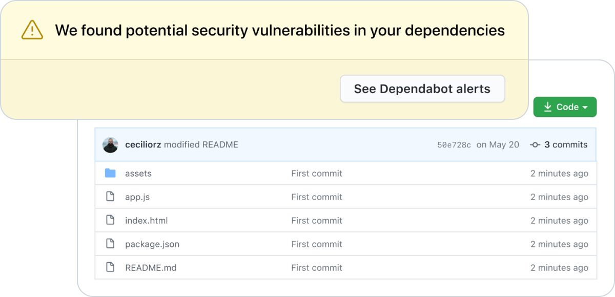 Popup displaying "We found potential security vulnerabilities in your dependencies" with button "See Dependabot alerts"