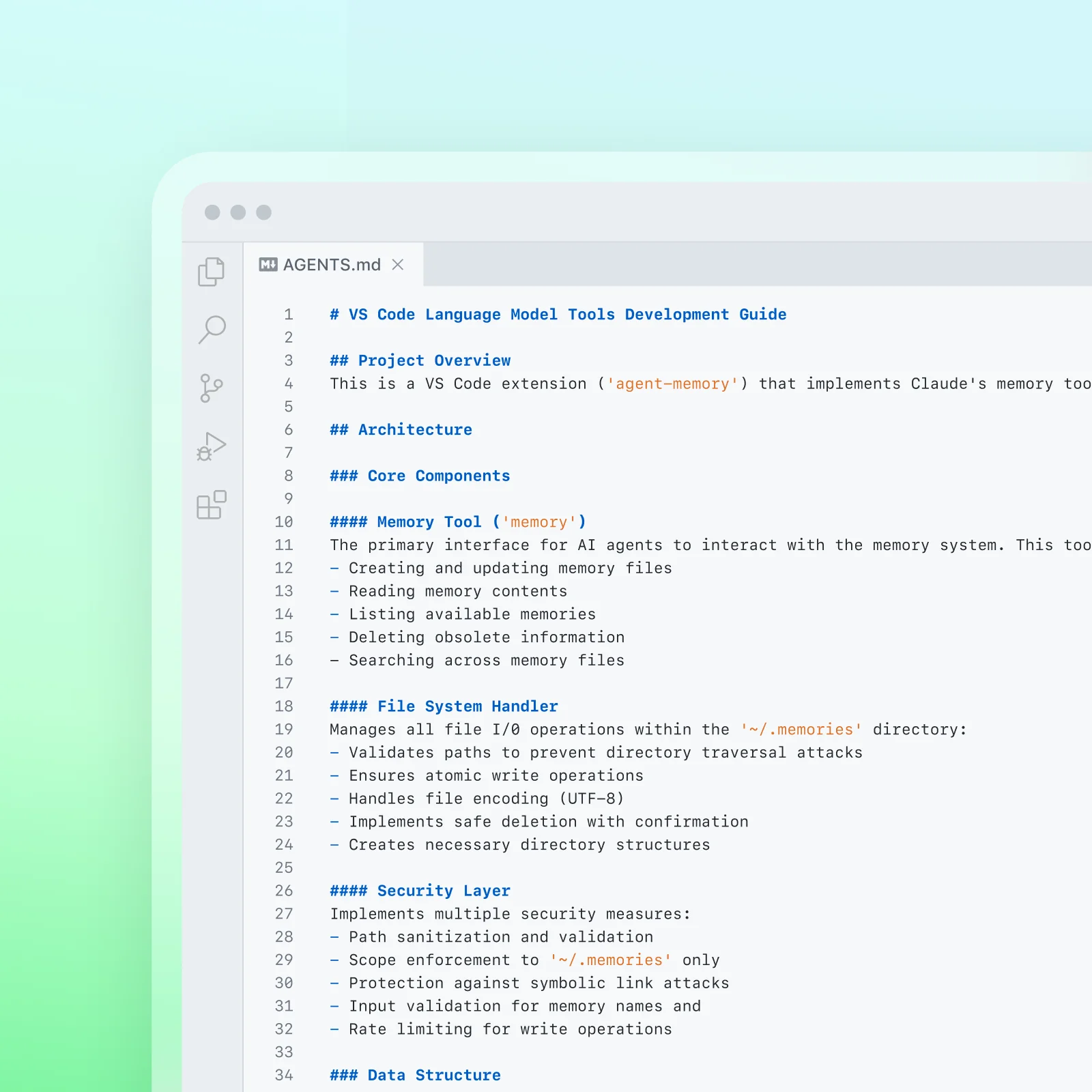 Product UI image within VS Code of an AGENTS.md for a given project showing the specific project overview, components, and instructions for an agent to manage.